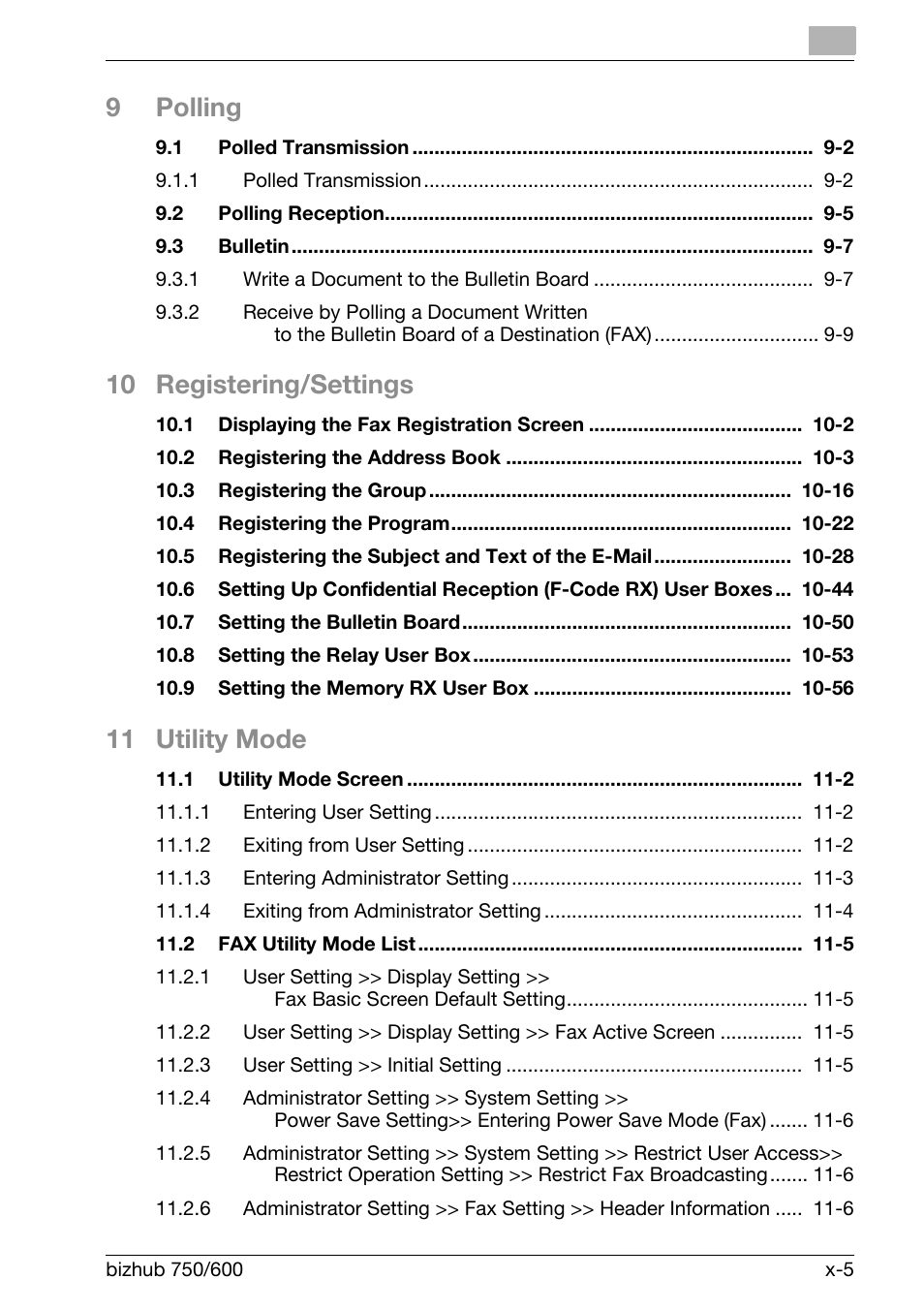 9polling, 10 registering/settings, 11 utility mode | Konica Minolta FK-502 User Manual | Page 6 / 458