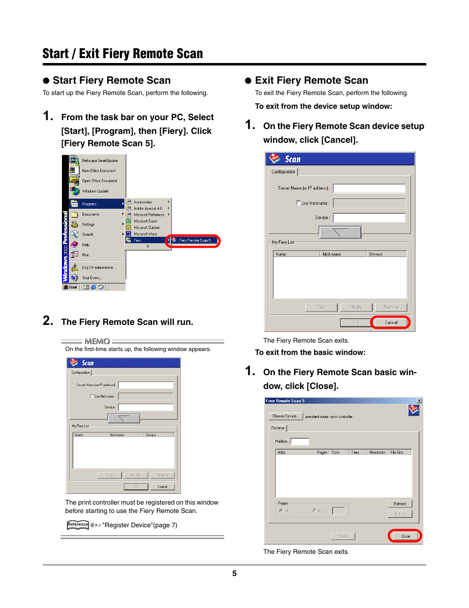 Start / exit fiery remote scan, Start fiery remote scan, Exit fiery remote scan | Konica Minolta bizhub PRO C500 User Manual | Page 5 / 17