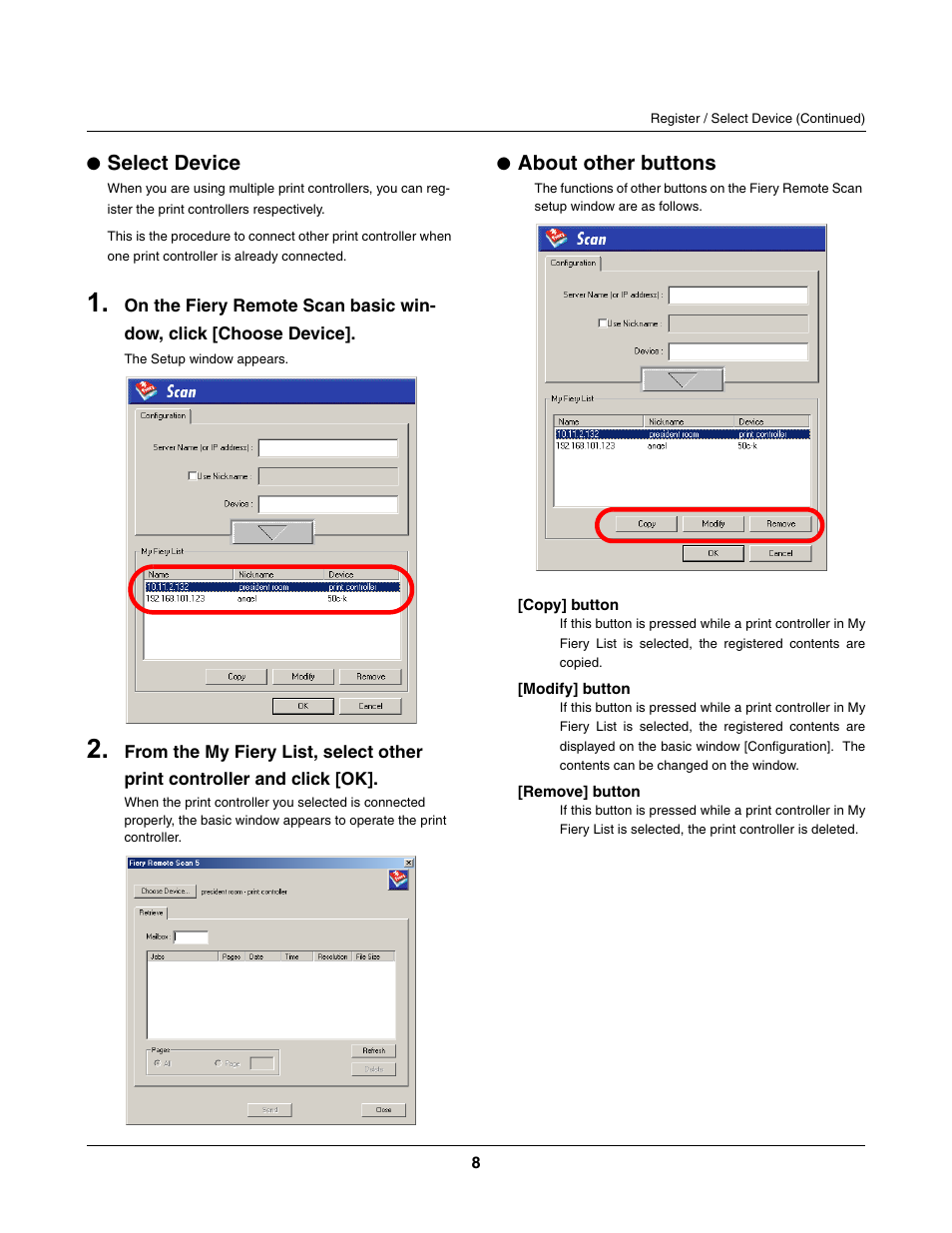 Select device, About other buttons | Konica Minolta bizhub PRO C500 User Manual | Page 8 / 17