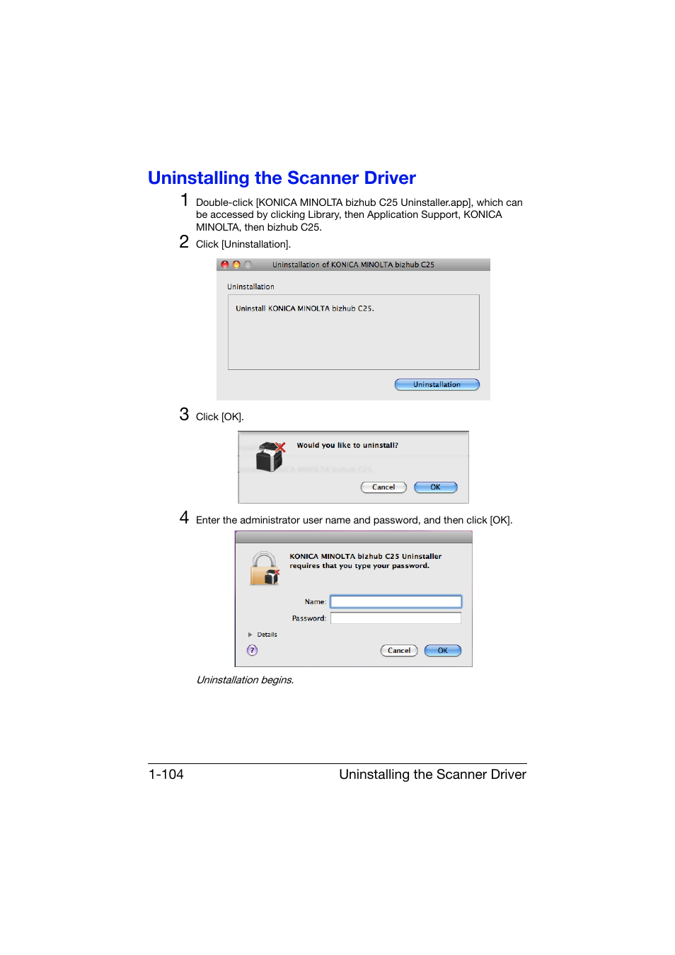 Uninstalling the scanner driver, Uninstalling the scanner driver -104, Uninstalling the scanner driver 1 | Konica Minolta bizhub C25 User Manual | Page 133 / 551