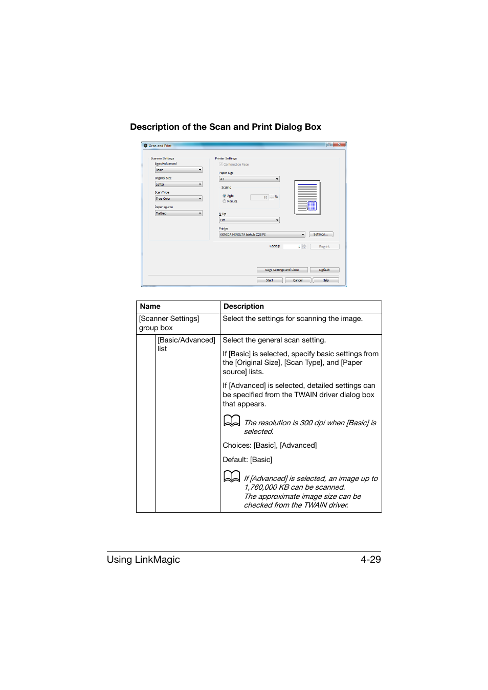 Description of the scan and print dialog box, Description of the scan and print dialog box -29 | Konica Minolta bizhub C25 User Manual | Page 198 / 551