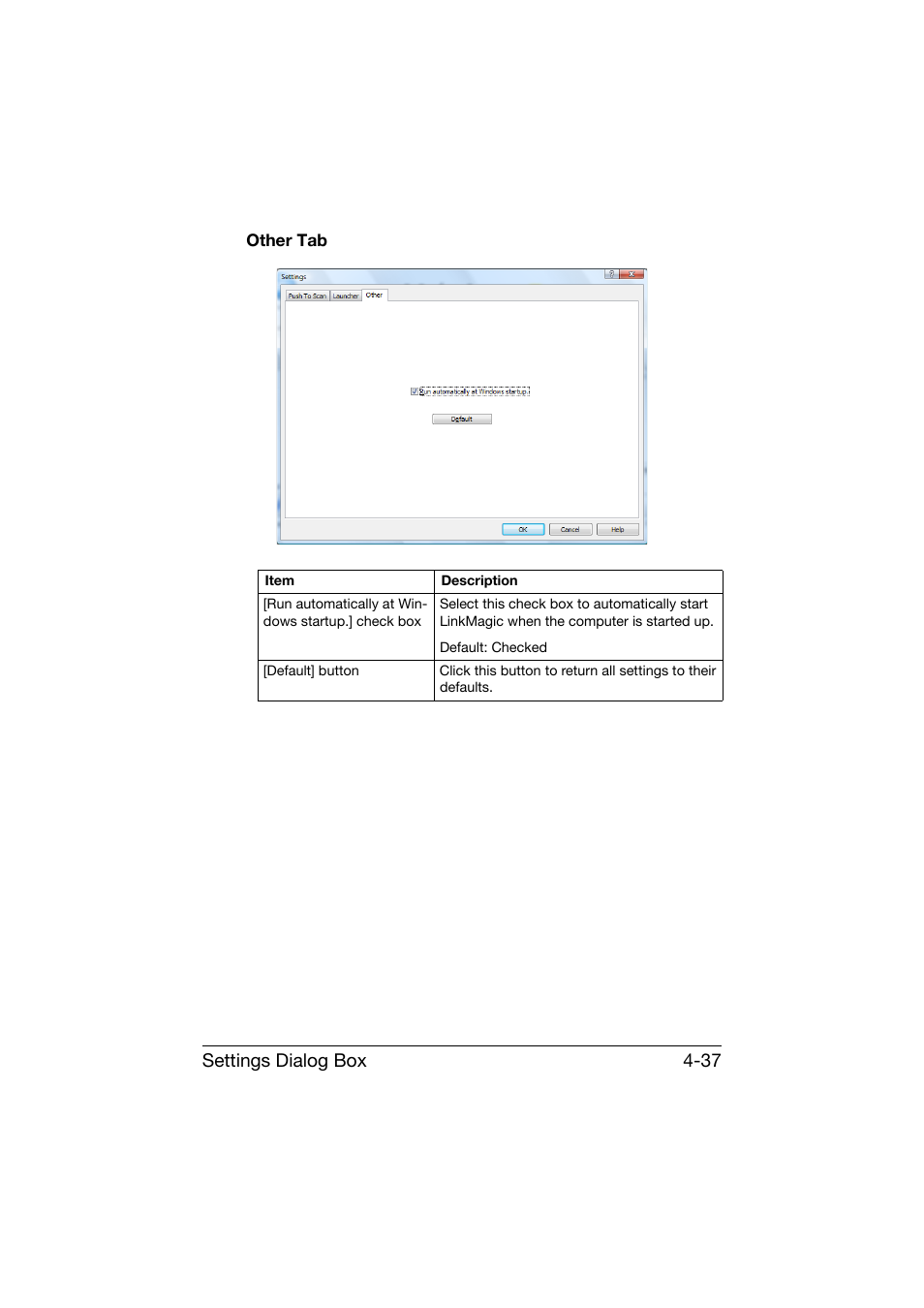 Other tab, Other tab -37, Settings dialog box 4-37 | Konica Minolta bizhub C25 User Manual | Page 206 / 551