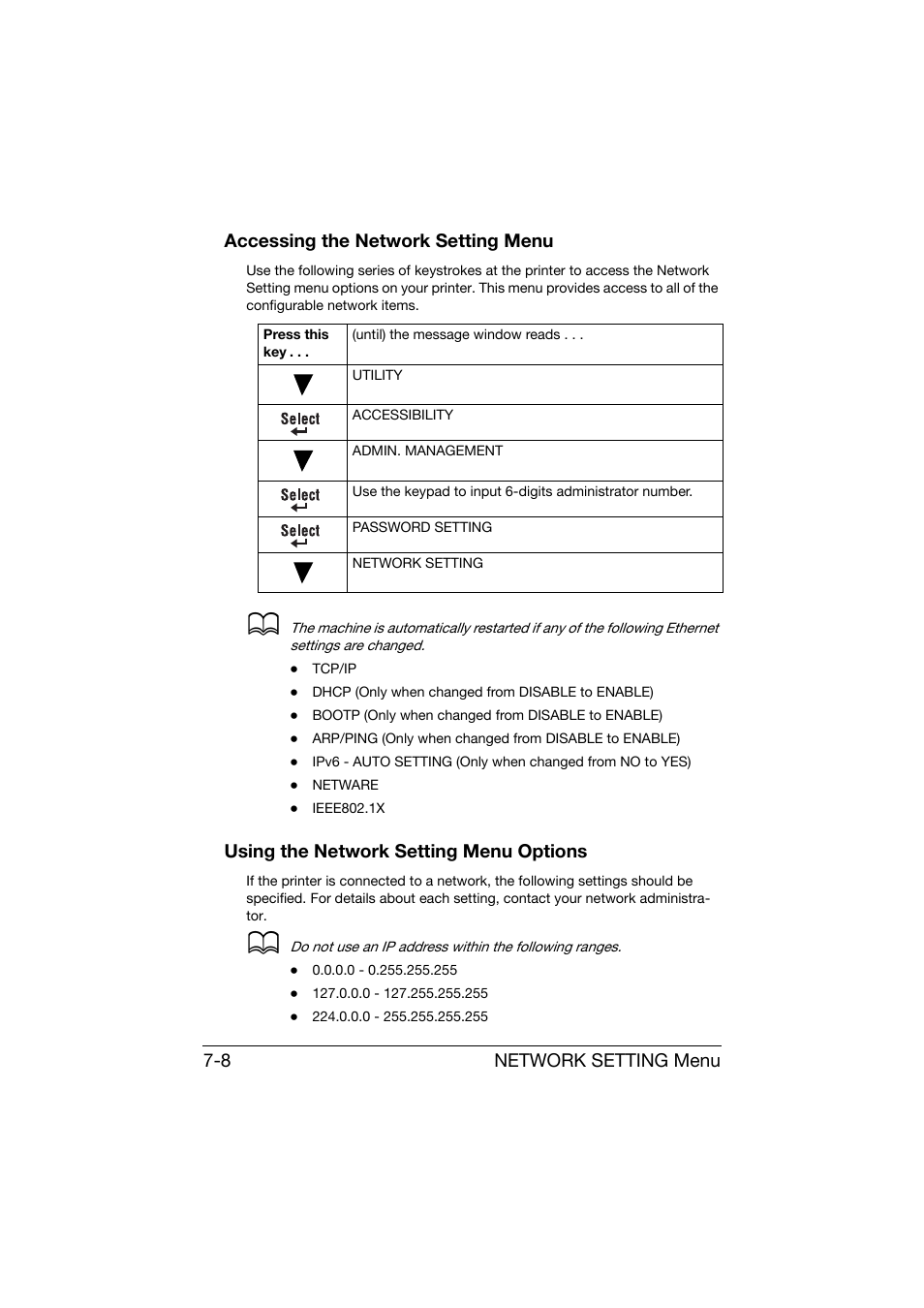 Accessing the network setting menu, Using the network setting menu options | Konica Minolta bizhub C25 User Manual | Page 239 / 551