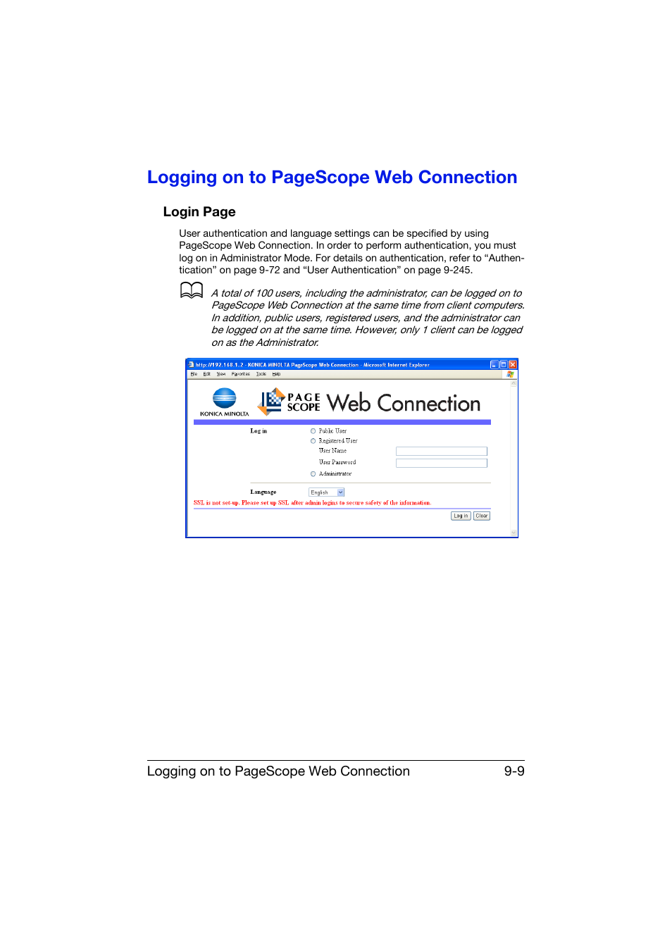Logging on to pagescope web connection | Konica Minolta bizhub C25 User Manual | Page 296 / 551