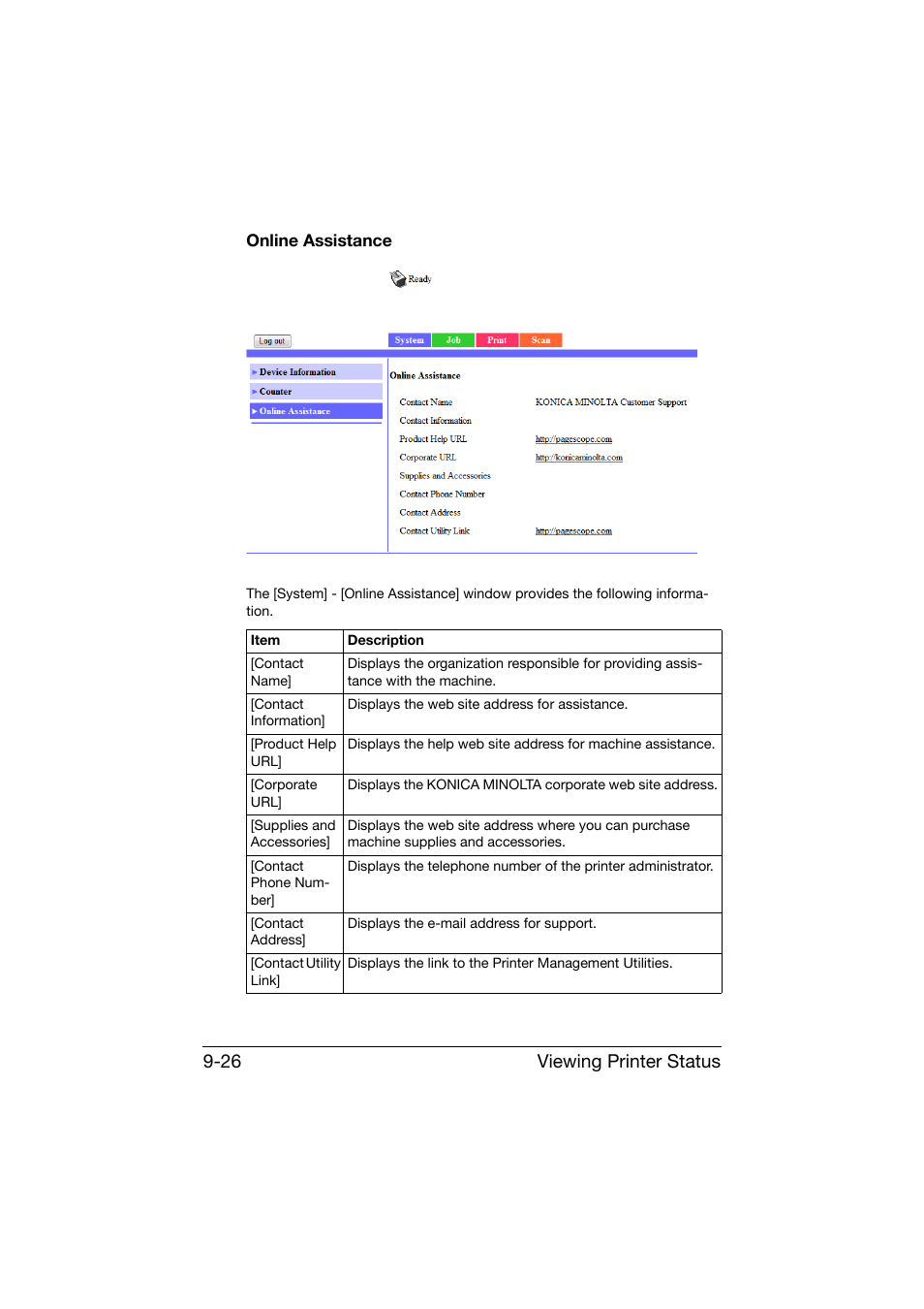 Online assistance, Online assistance -26, Viewing printer status 9-26 | Konica Minolta bizhub C25 User Manual | Page 313 / 551