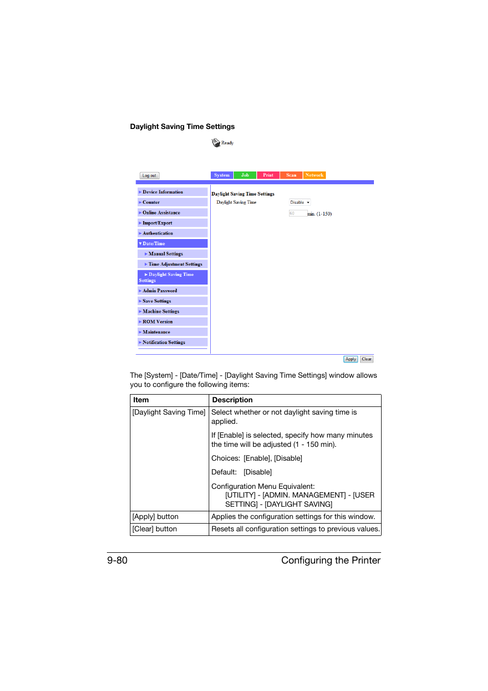 Configuring the printer 9-80 | Konica Minolta bizhub C25 User Manual | Page 367 / 551