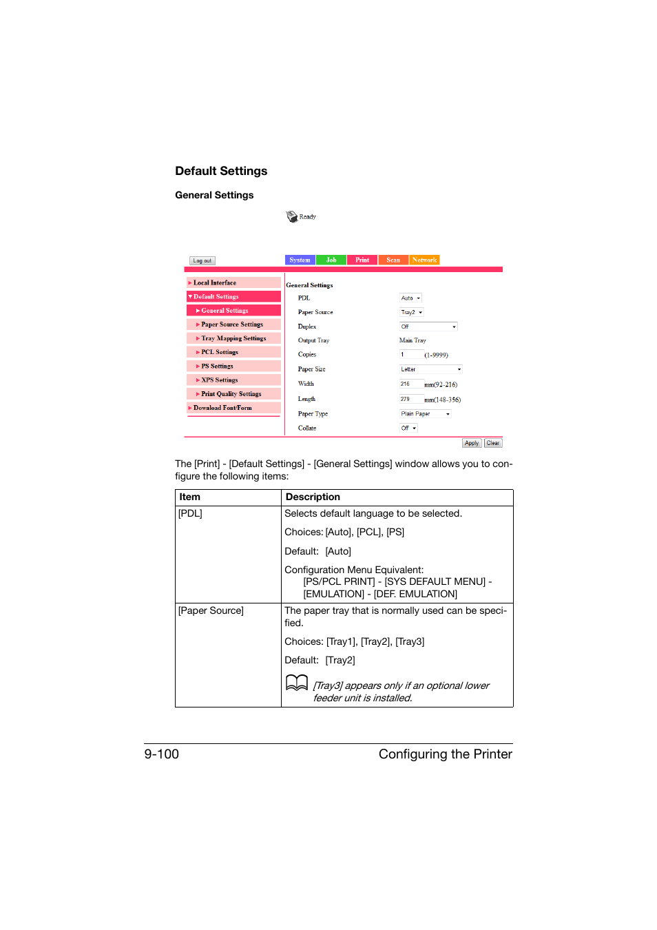 Default settings, Default settings -100, Configuring the printer 9-100 | Konica Minolta bizhub C25 User Manual | Page 387 / 551