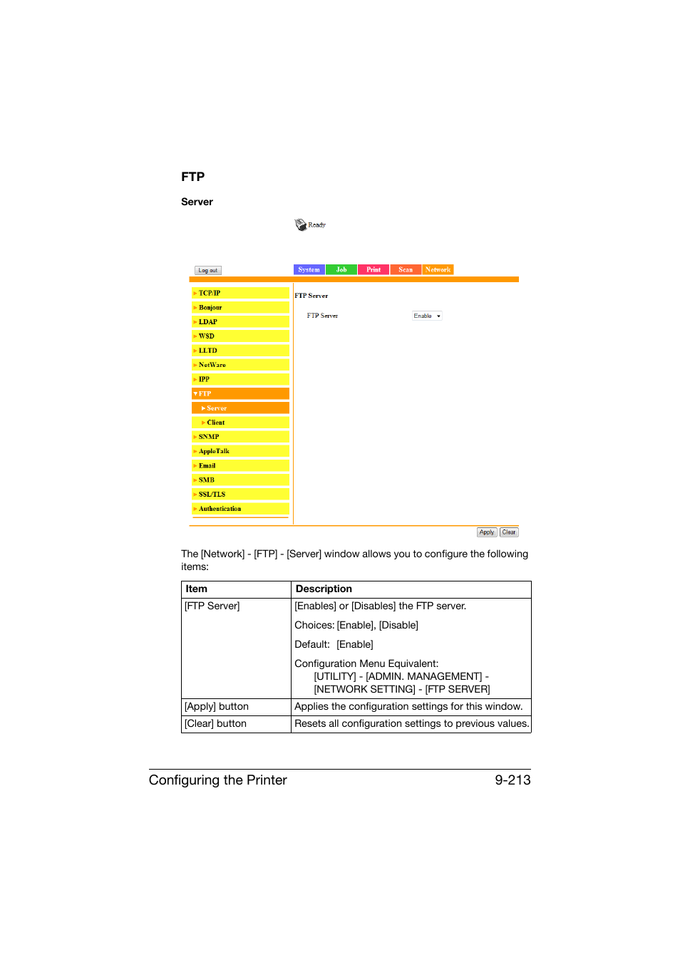 Ftp -213, Configuring the printer 9-213 | Konica Minolta bizhub C25 User Manual | Page 500 / 551