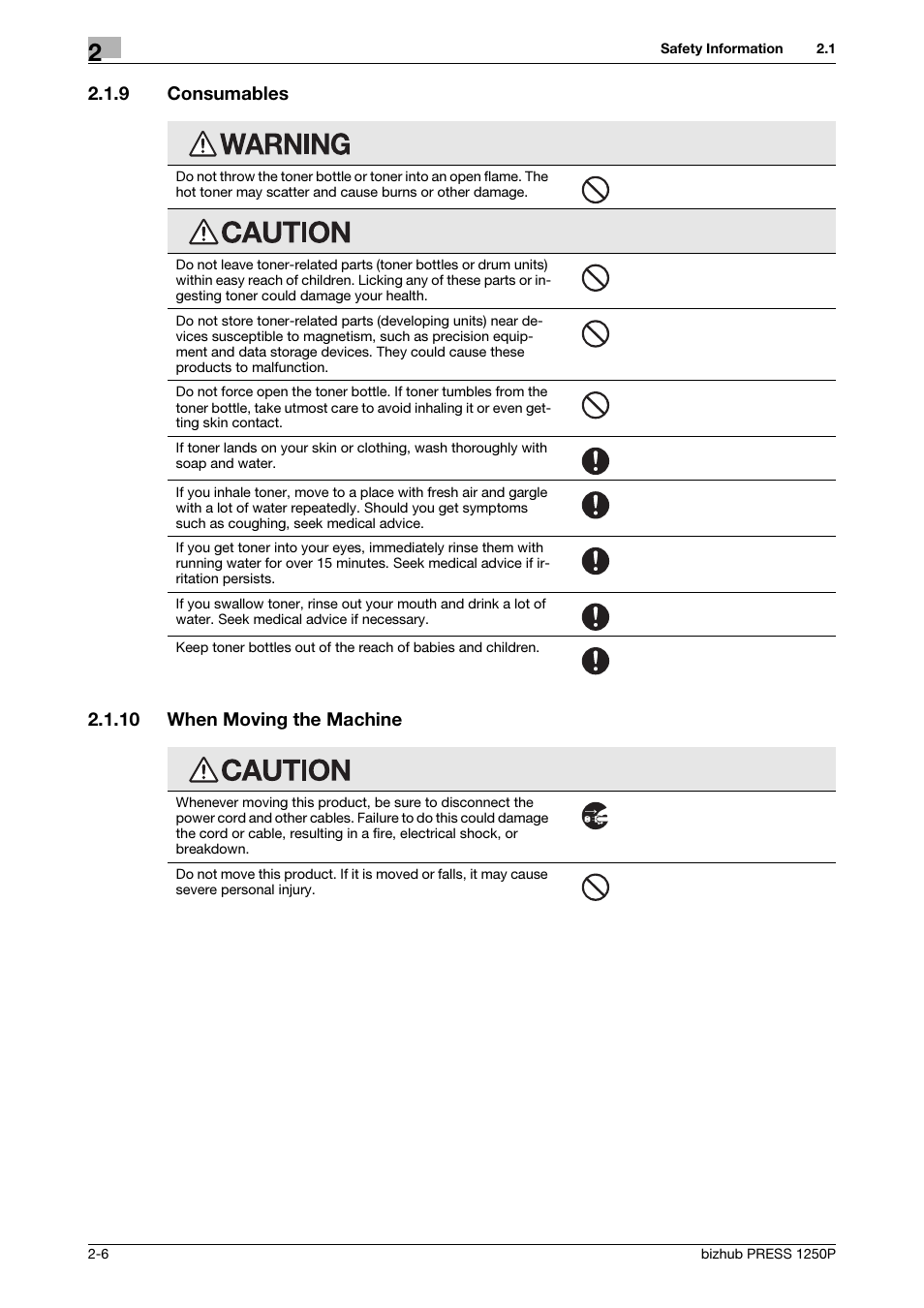 9 consumables, 10 when moving the machine, Consumables -6 | When moving the machine -6 | Konica Minolta bizhub PRESS 1250P User Manual | Page 14 / 44