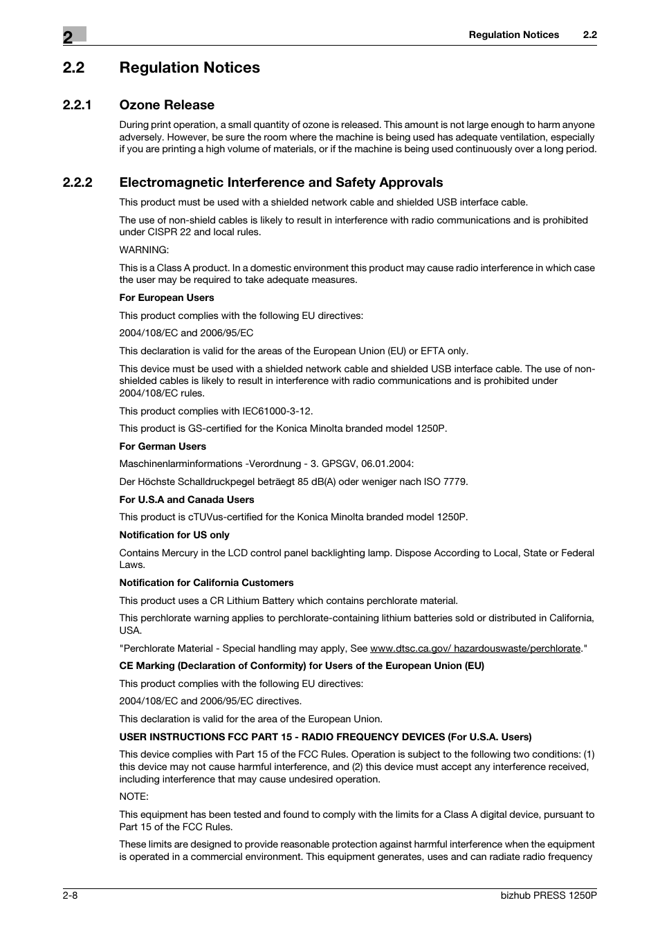 2 regulation notices, 1 ozone release, Regulation notices -8 | Ozone release -8 | Konica Minolta bizhub PRESS 1250P User Manual | Page 16 / 44