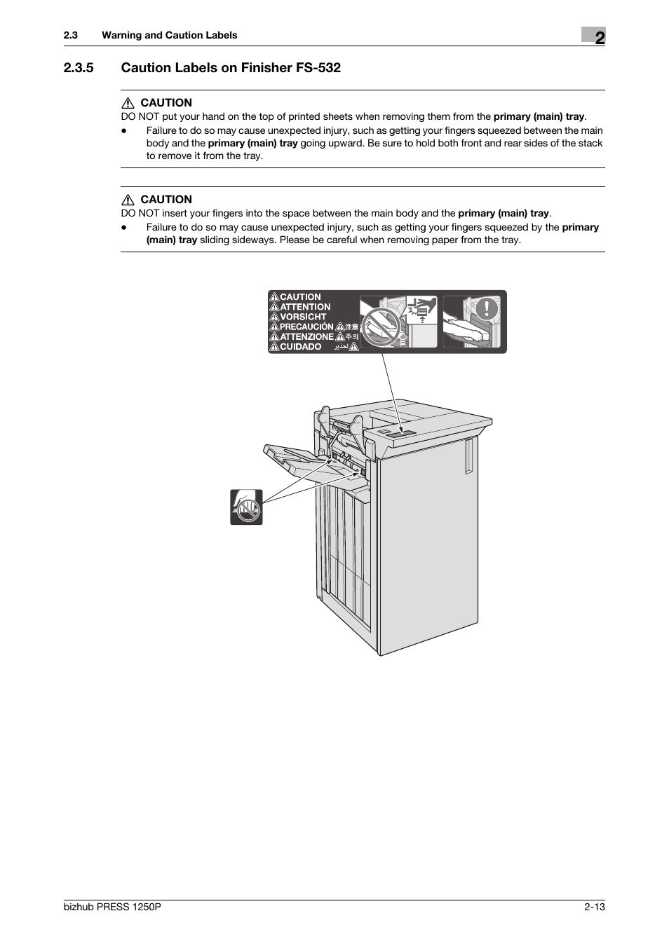 5 caution labels on finisher fs-532, Caution labels on finisher fs-532 -13 | Konica Minolta bizhub PRESS 1250P User Manual | Page 21 / 44