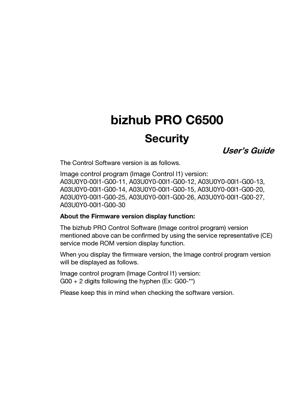 Bizhub pro c6500, Security, User’s guide | Konica Minolta bizhub PRO C6500 User Manual | Page 3 / 32