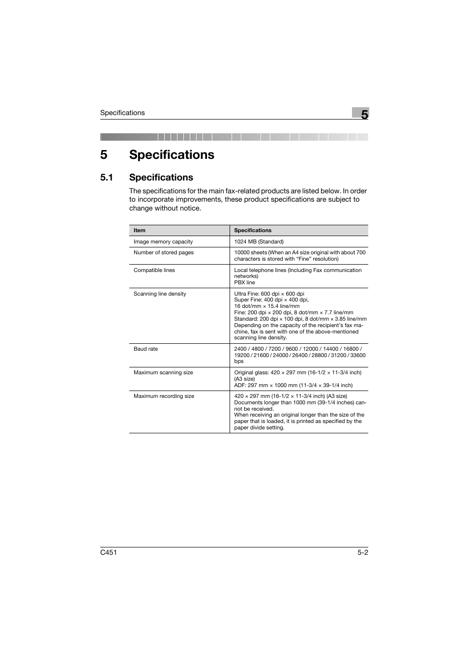 5 specifications, 1 specifications, Specifications | Specifications -2, 5specifications | Konica Minolta FK-502 User Manual | Page 160 / 492