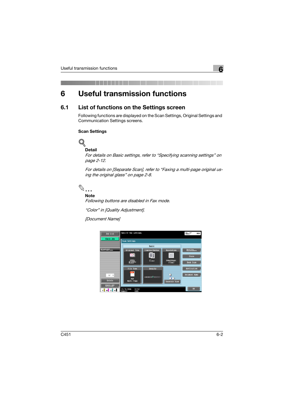 6 useful transmission functions, 1 list of functions on the settings screen, Scan settings | Useful transmission functions, List of functions on the settings screen -2, Scan settings -2, E 6-2), 6useful transmission functions | Konica Minolta FK-502 User Manual | Page 162 / 492