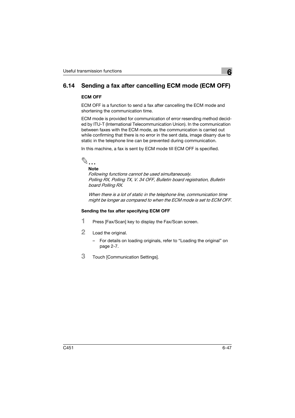 Ecm off, Sending the fax after specifying ecm off | Konica Minolta FK-502 User Manual | Page 207 / 492