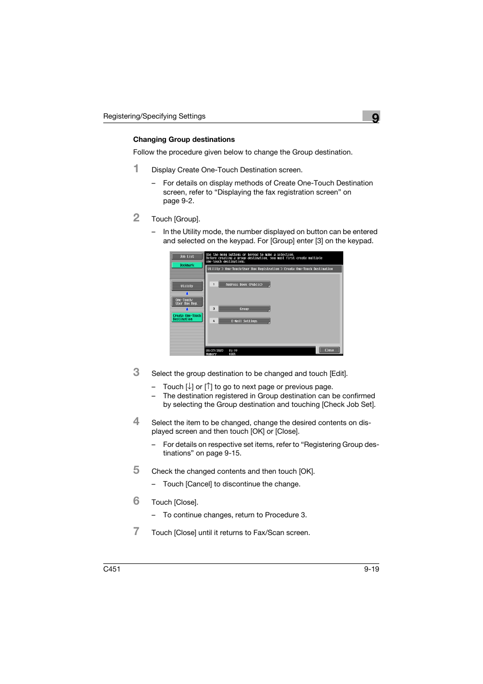 Changing group destinations, Changing group destinations -19 | Konica Minolta FK-502 User Manual | Page 279 / 492