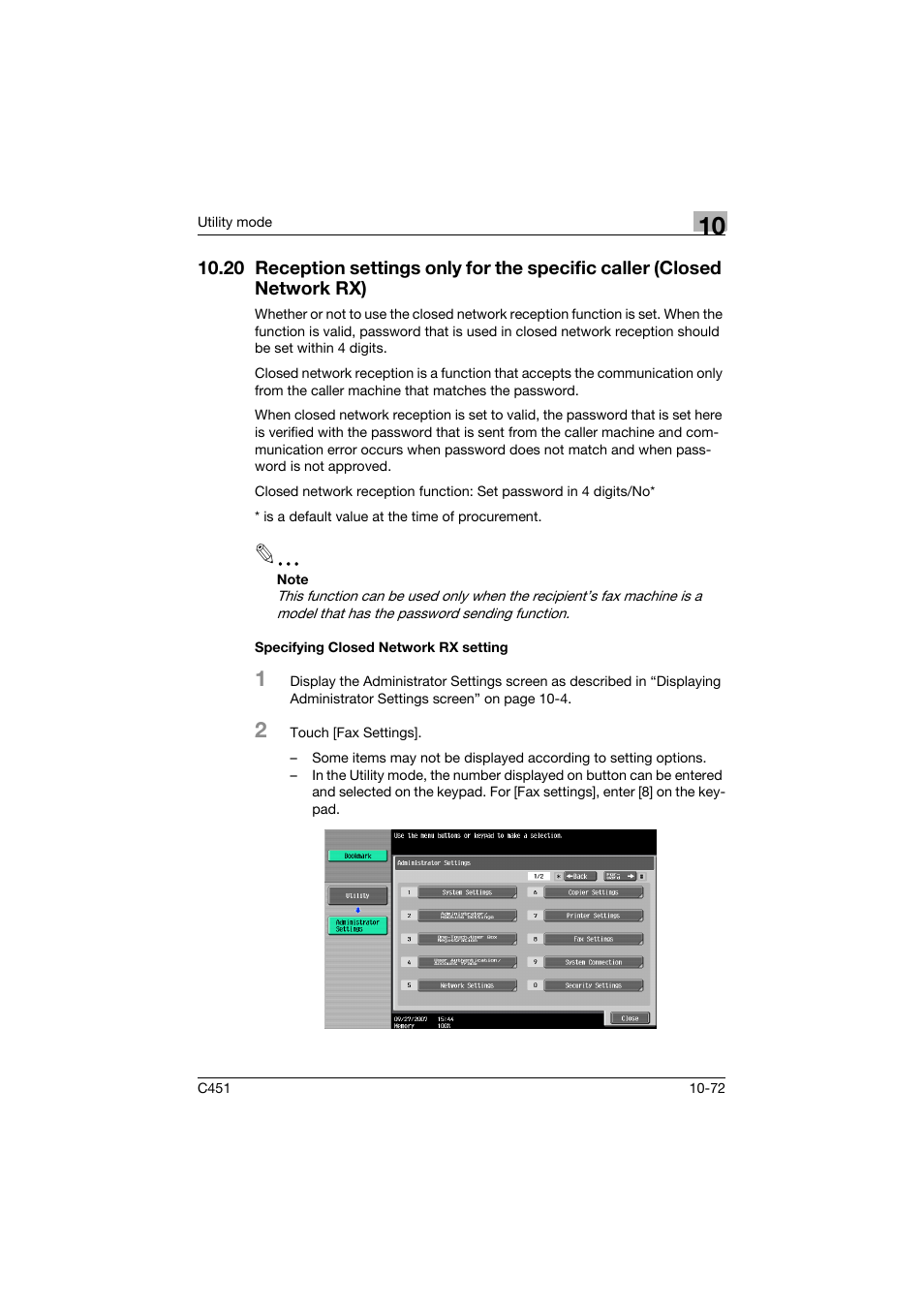 Specifying closed network rx setting, 20 reception settings only for the specific caller, Closed network rx) -72 | Specifying closed network rx setting -72 | Konica Minolta FK-502 User Manual | Page 378 / 492
