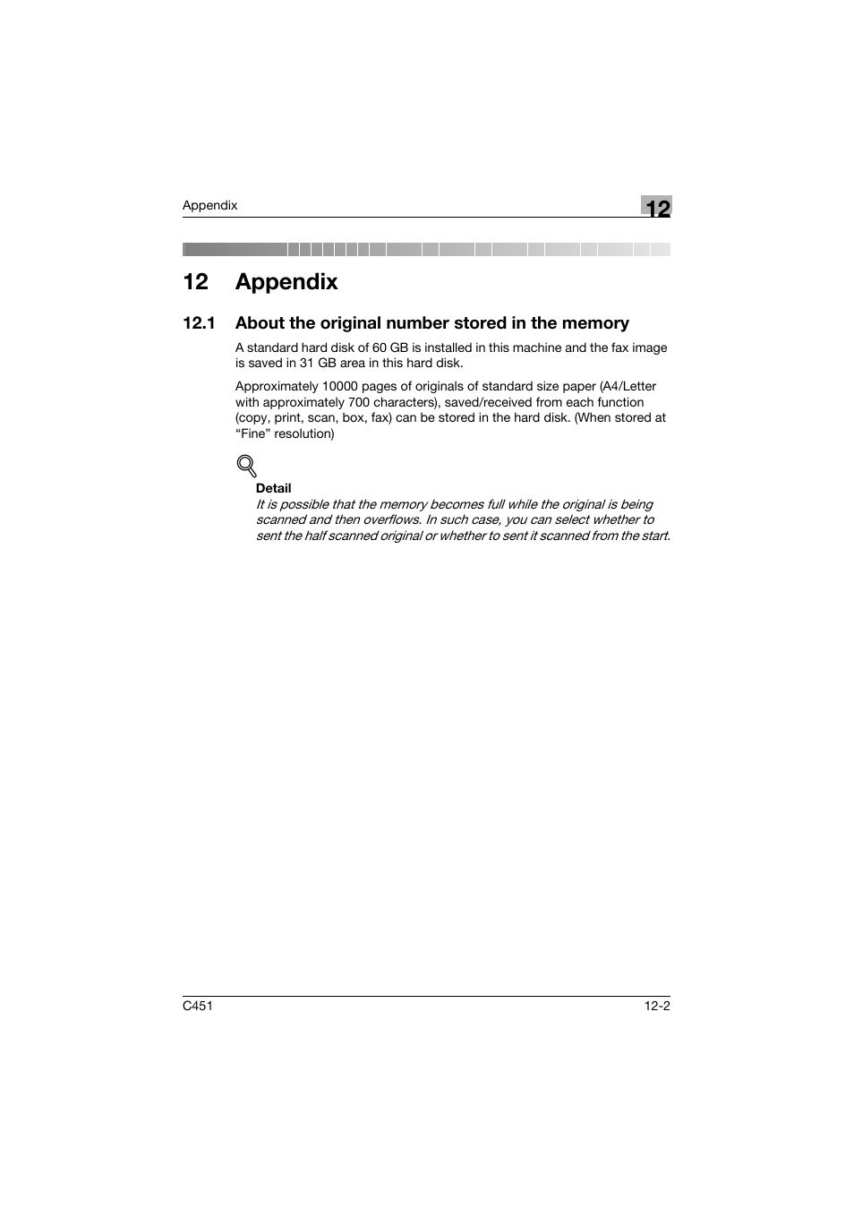 12 appendix, 1 about the original number stored in the memory, About the original number stored in the memory -2 | Konica Minolta FK-502 User Manual | Page 479 / 492