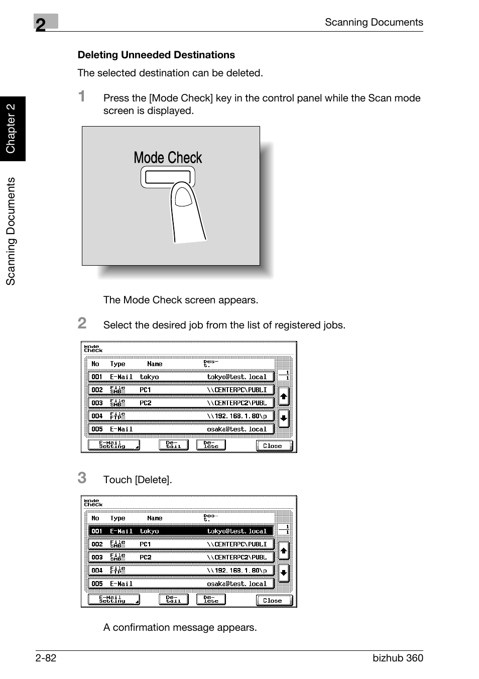 Deleting unneeded destinations -82, Mode check | Konica Minolta bizhub 360 User Manual | Page 117 / 414