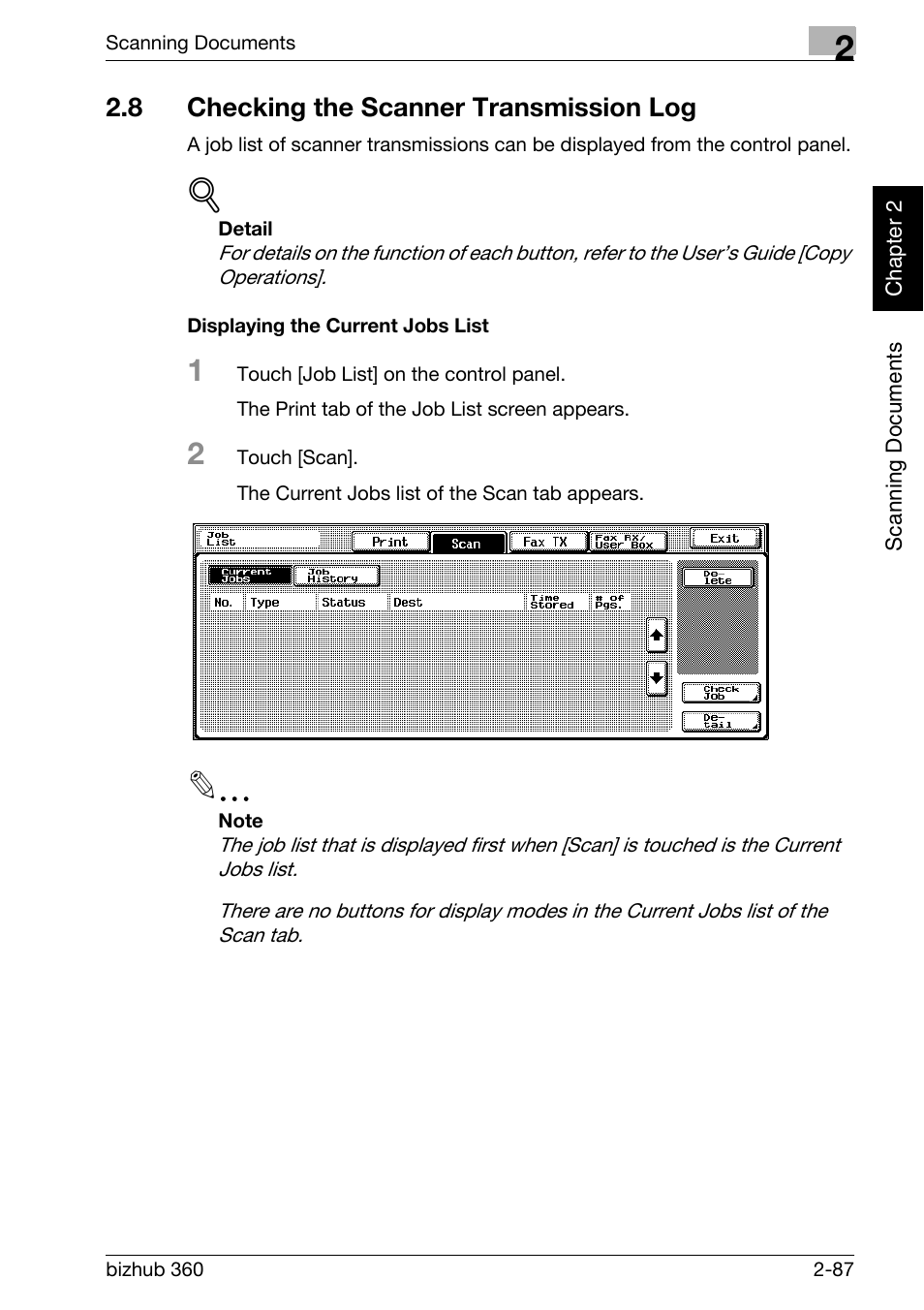 8 checking the scanner transmission log, Checking the scanner transmission log -87, Displaying the current jobs list -87 | Konica Minolta bizhub 360 User Manual | Page 122 / 414