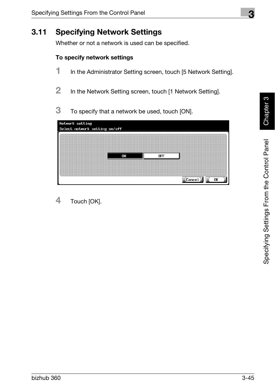 11 specifying network settings, Specifying network settings -45, To specify network settings -45 | Konica Minolta bizhub 360 User Manual | Page 170 / 414