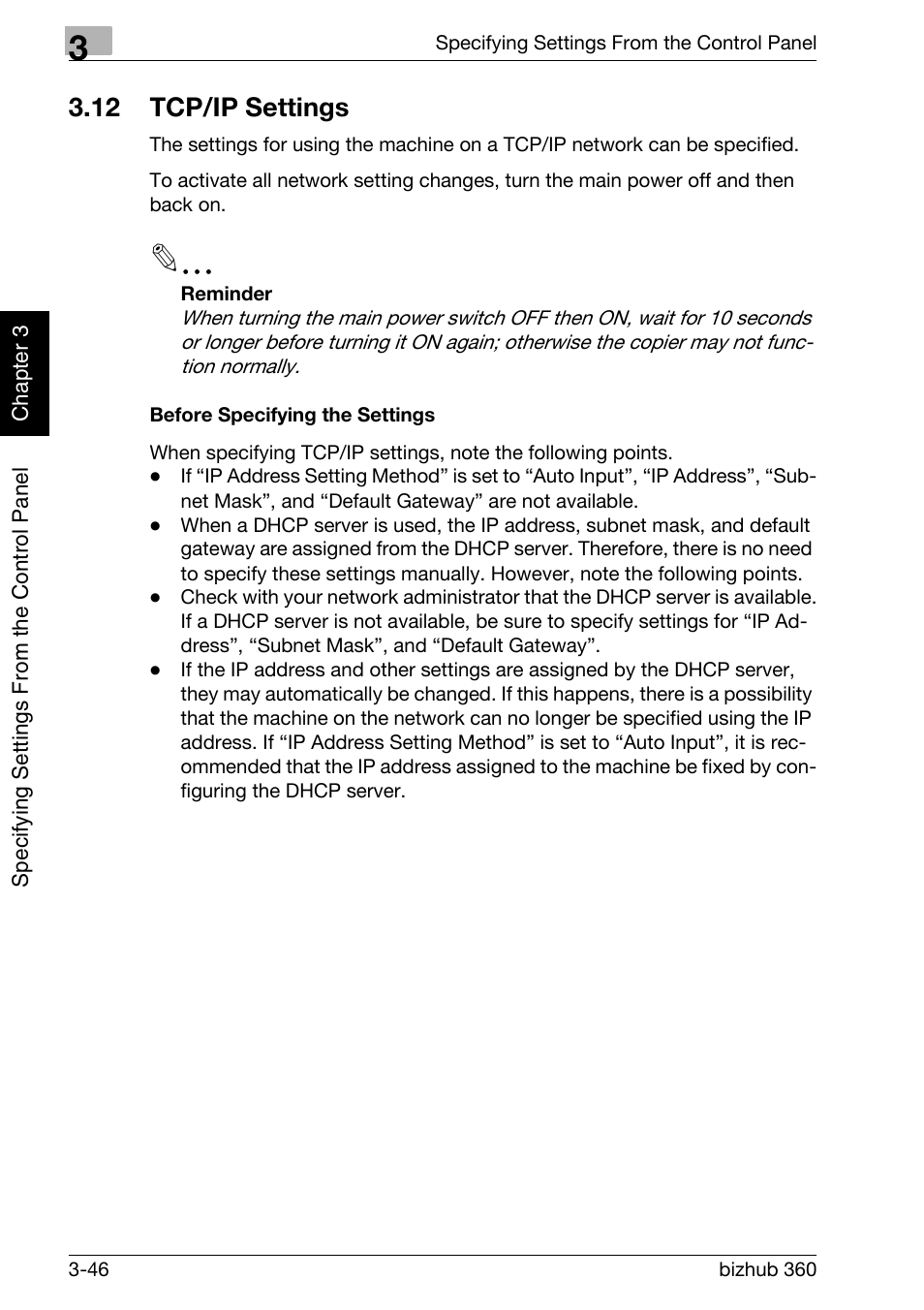 12 tcp/ip settings, Tcp/ip settings -46, Before specifying the settings -46 | Konica Minolta bizhub 360 User Manual | Page 171 / 414