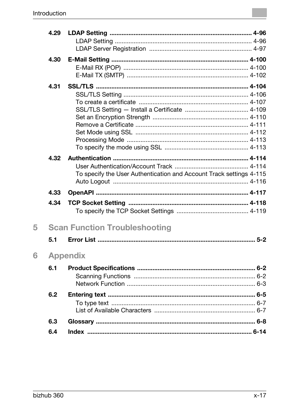 5scan function troubleshooting, 6appendix | Konica Minolta bizhub 360 User Manual | Page 18 / 414