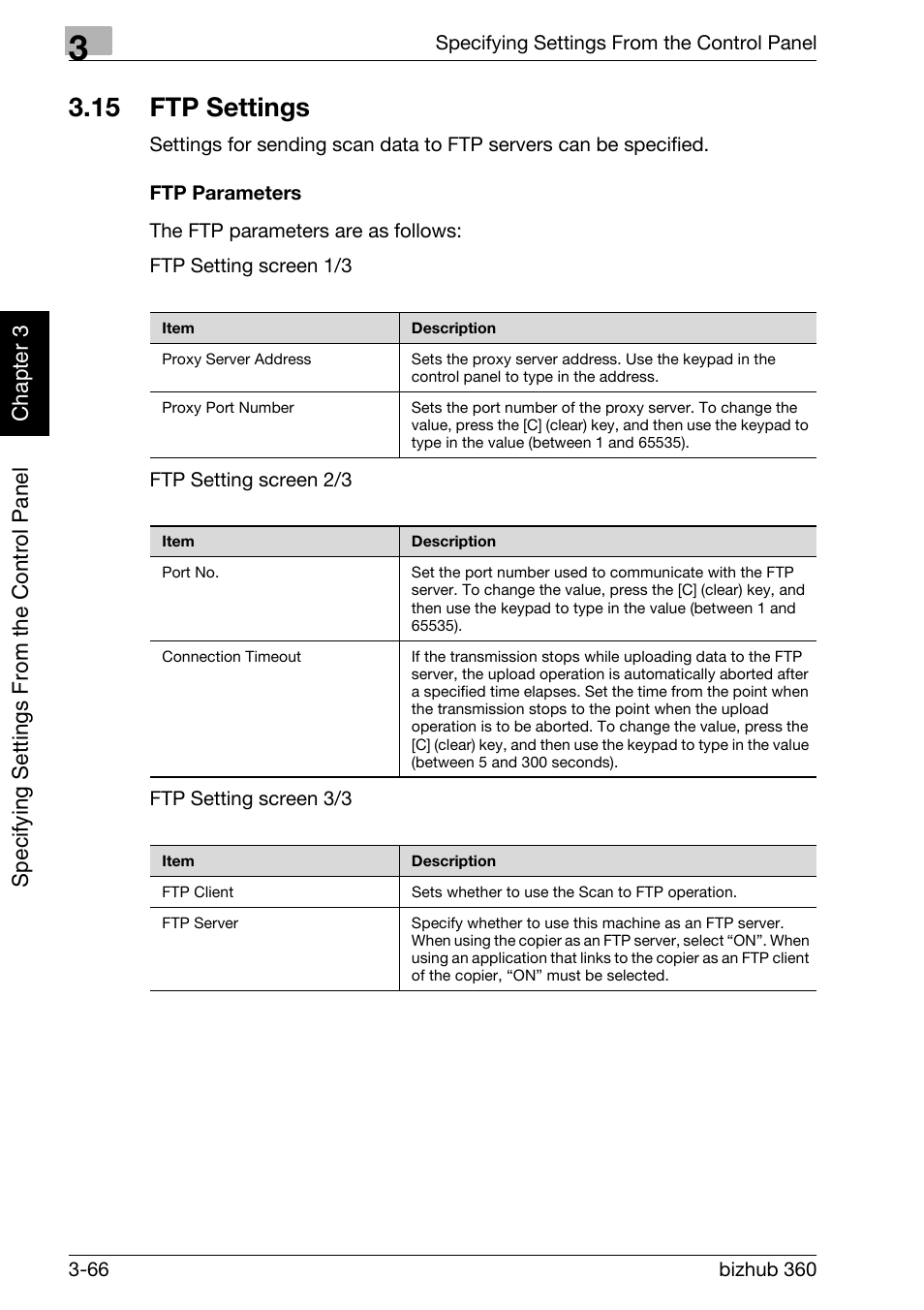 15 ftp settings, Ftp settings -66, Ftp parameters -66 | Konica Minolta bizhub 360 User Manual | Page 191 / 414