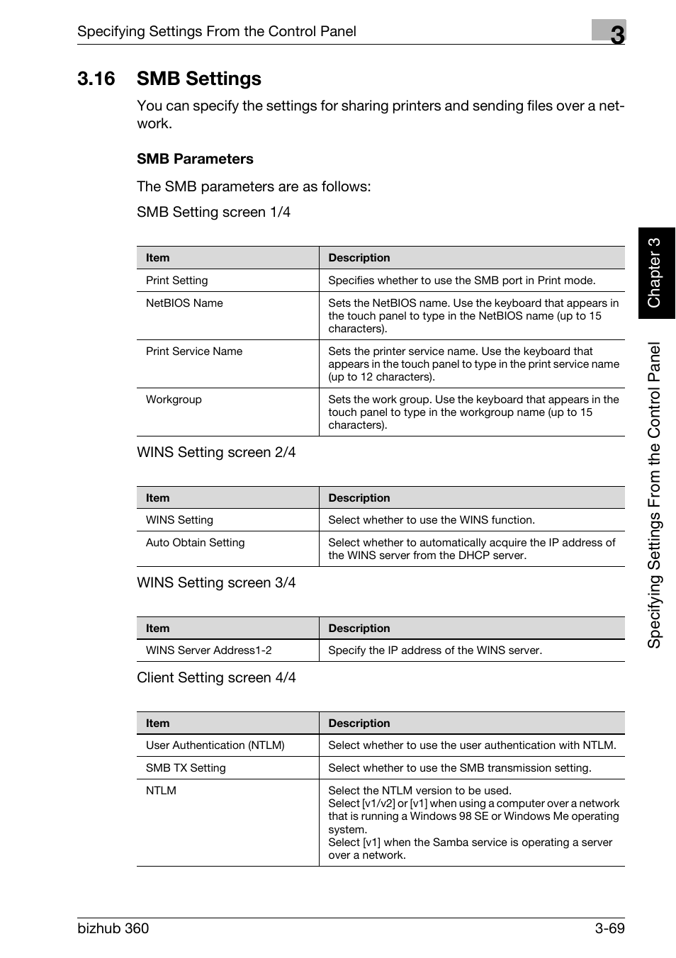 16 smb settings, Smb settings -69, Smb parameters -69 | Konica Minolta bizhub 360 User Manual | Page 194 / 414