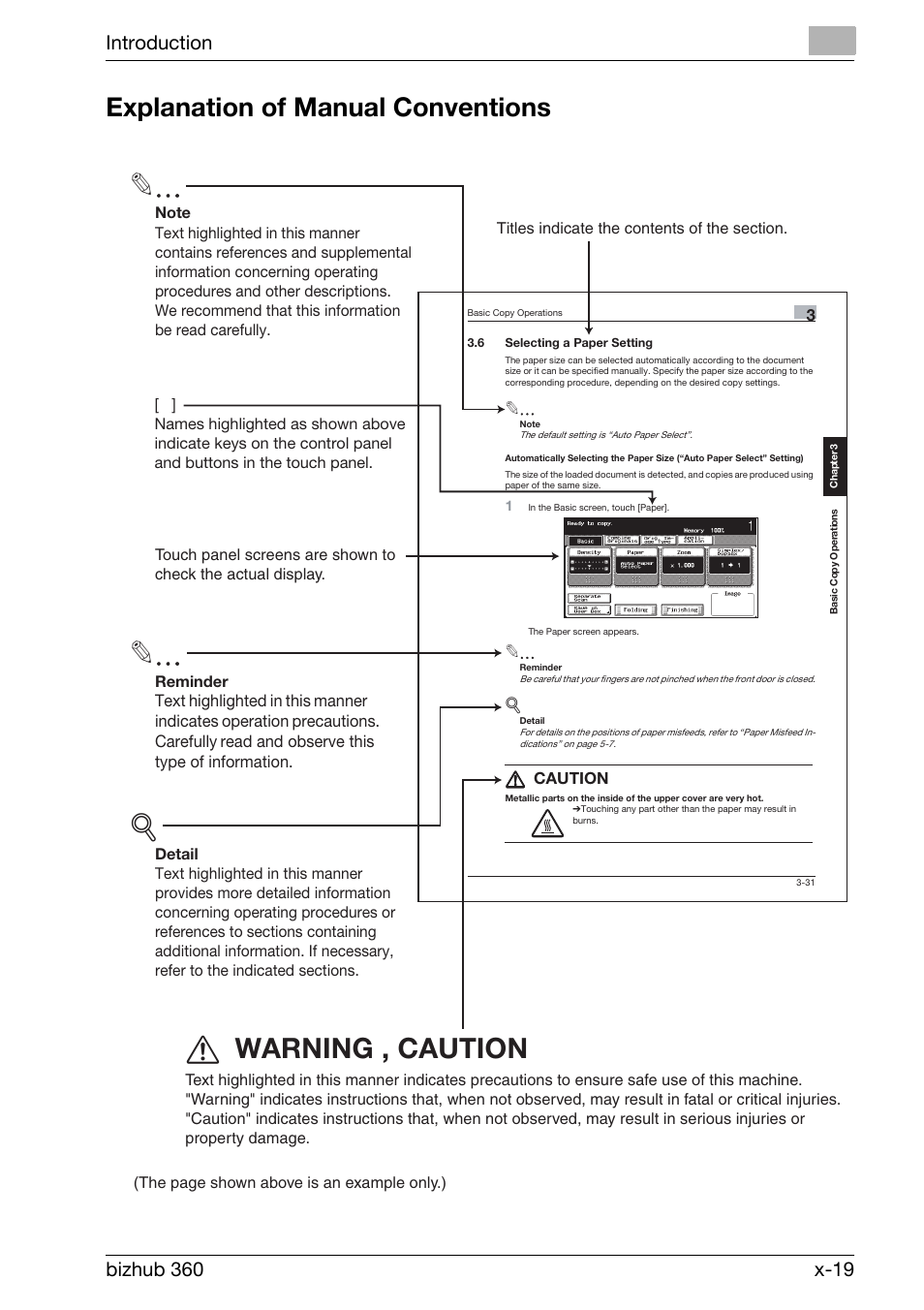 7 warning , caution, Explanation of manual conventions | Konica Minolta bizhub 360 User Manual | Page 20 / 414
