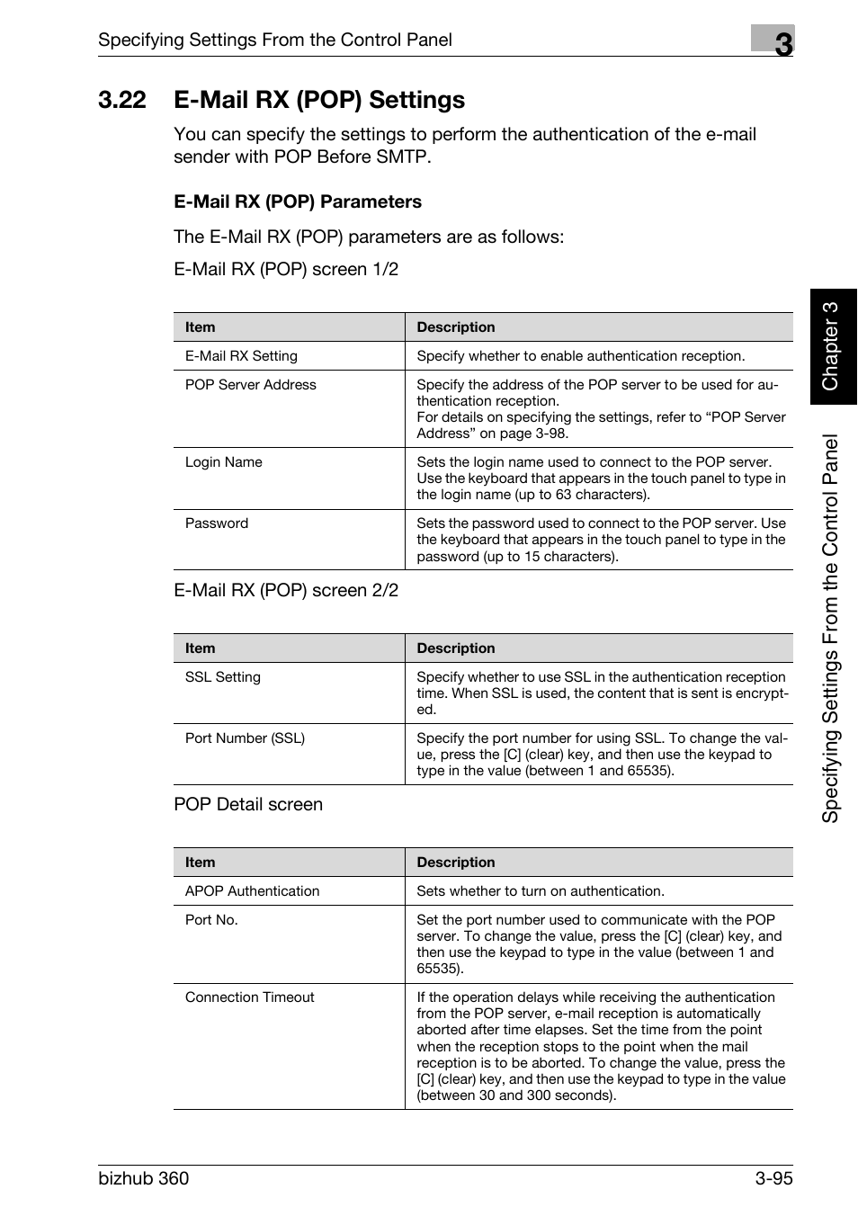 22 e-mail rx (pop) settings, E-mail rx (pop) settings -95, E-mail rx (pop) parameters -95 | Konica Minolta bizhub 360 User Manual | Page 220 / 414