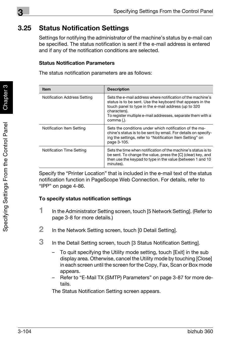 25 status notification settings, Status notification settings -104 | Konica Minolta bizhub 360 User Manual | Page 229 / 414