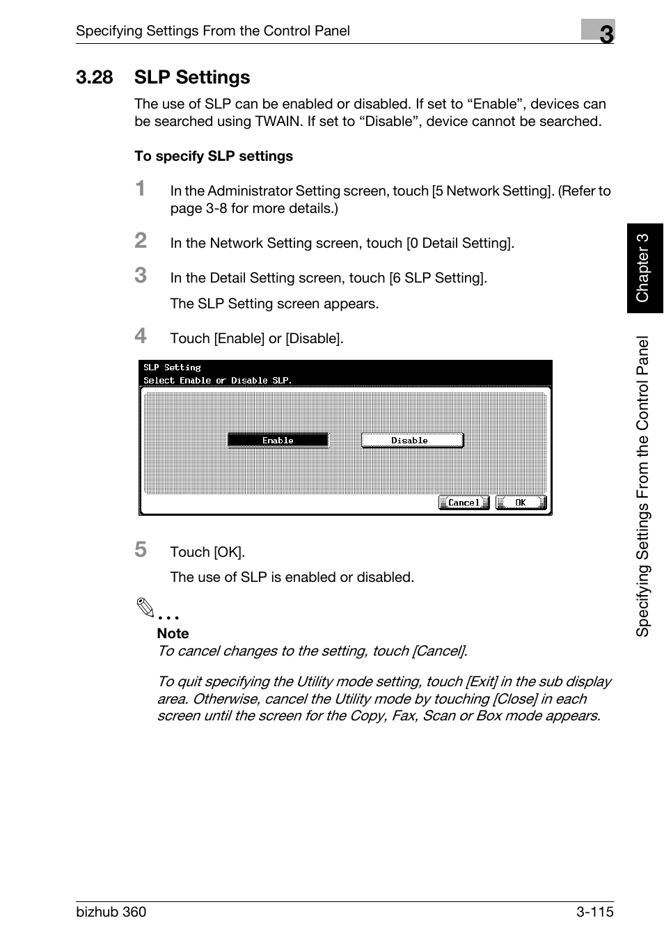 28 slp settings, Slp settings -115, To specify slp settings -115 | Konica Minolta bizhub 360 User Manual | Page 240 / 414