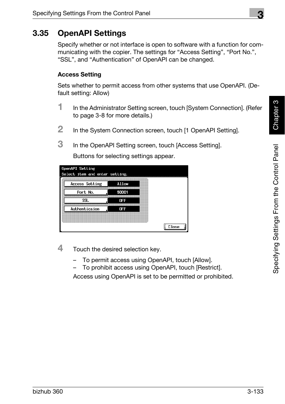 35 openapi settings, Openapi settings -133, Access setting -133 | Konica Minolta bizhub 360 User Manual | Page 258 / 414