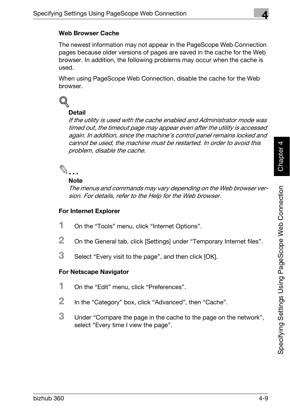Web browser cache -9, For internet explorer -9 for netscape navigator -9 | Konica Minolta bizhub 360 User Manual | Page 280 / 414