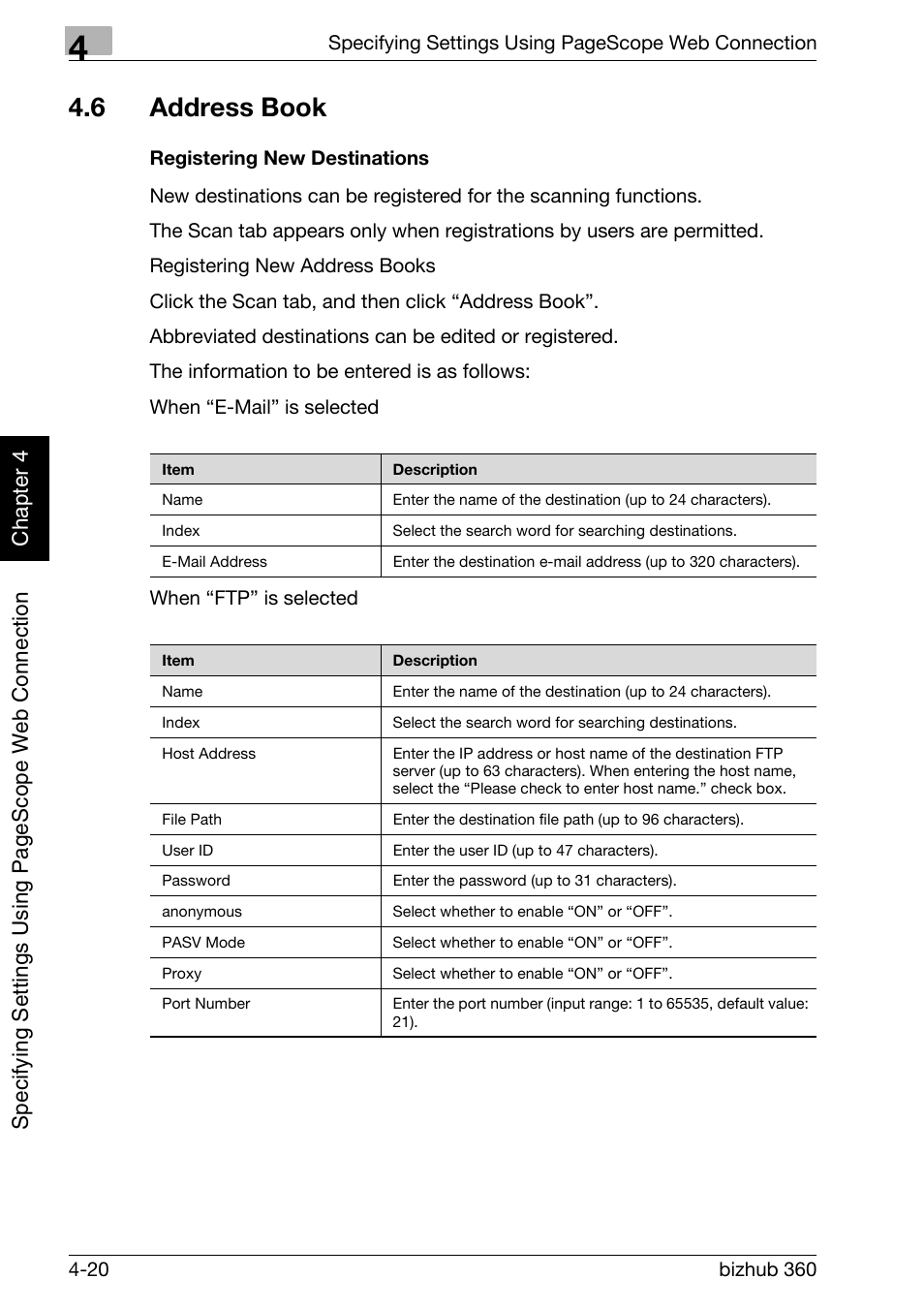 6 address book, Address book -20, Registering new destinations -20 | Konica Minolta bizhub 360 User Manual | Page 291 / 414
