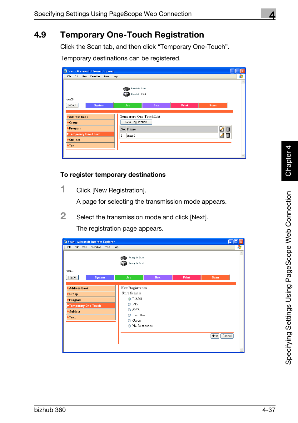 9 temporary one-touch registration, Temporary one-touch registration -37, To register temporary destinations -37 | Konica Minolta bizhub 360 User Manual | Page 308 / 414