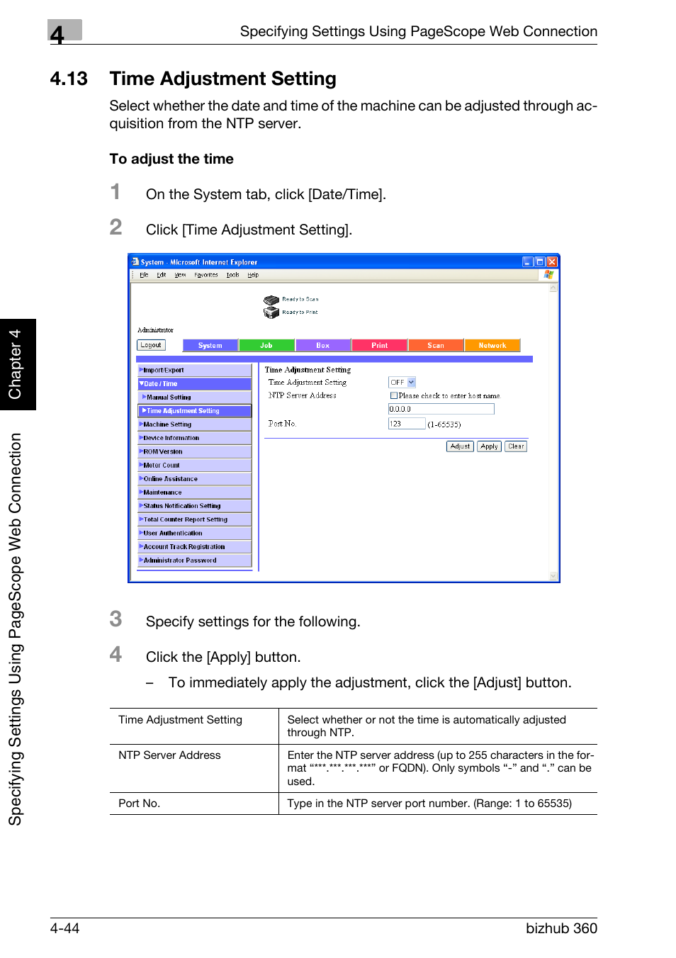 13 time adjustment setting, Time adjustment setting -44, To adjust the time -44 | Konica Minolta bizhub 360 User Manual | Page 315 / 414