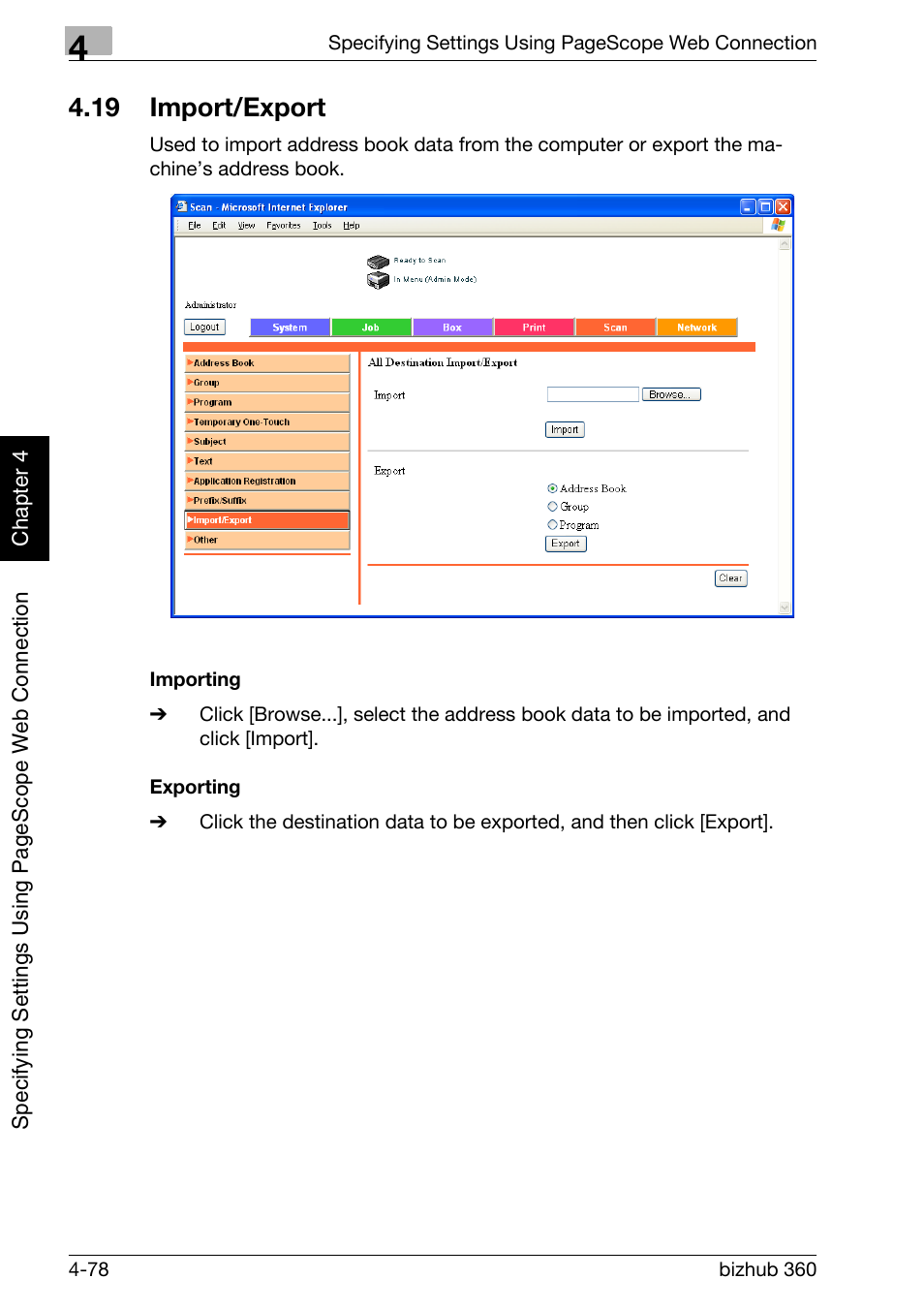 19 import/export, Import/export -78, Importing -78 exporting -78 | Konica Minolta bizhub 360 User Manual | Page 349 / 414