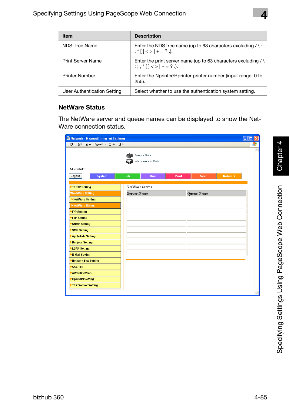 Netware status -85 | Konica Minolta bizhub 360 User Manual | Page 356 / 414