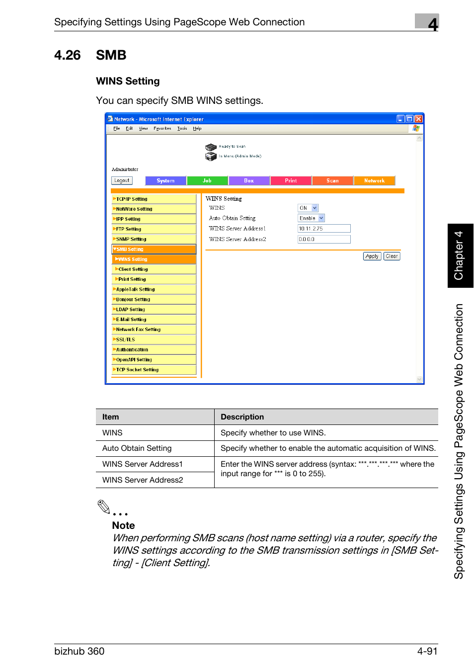 26 smb, Smb -91, Wins setting -91 | Konica Minolta bizhub 360 User Manual | Page 362 / 414