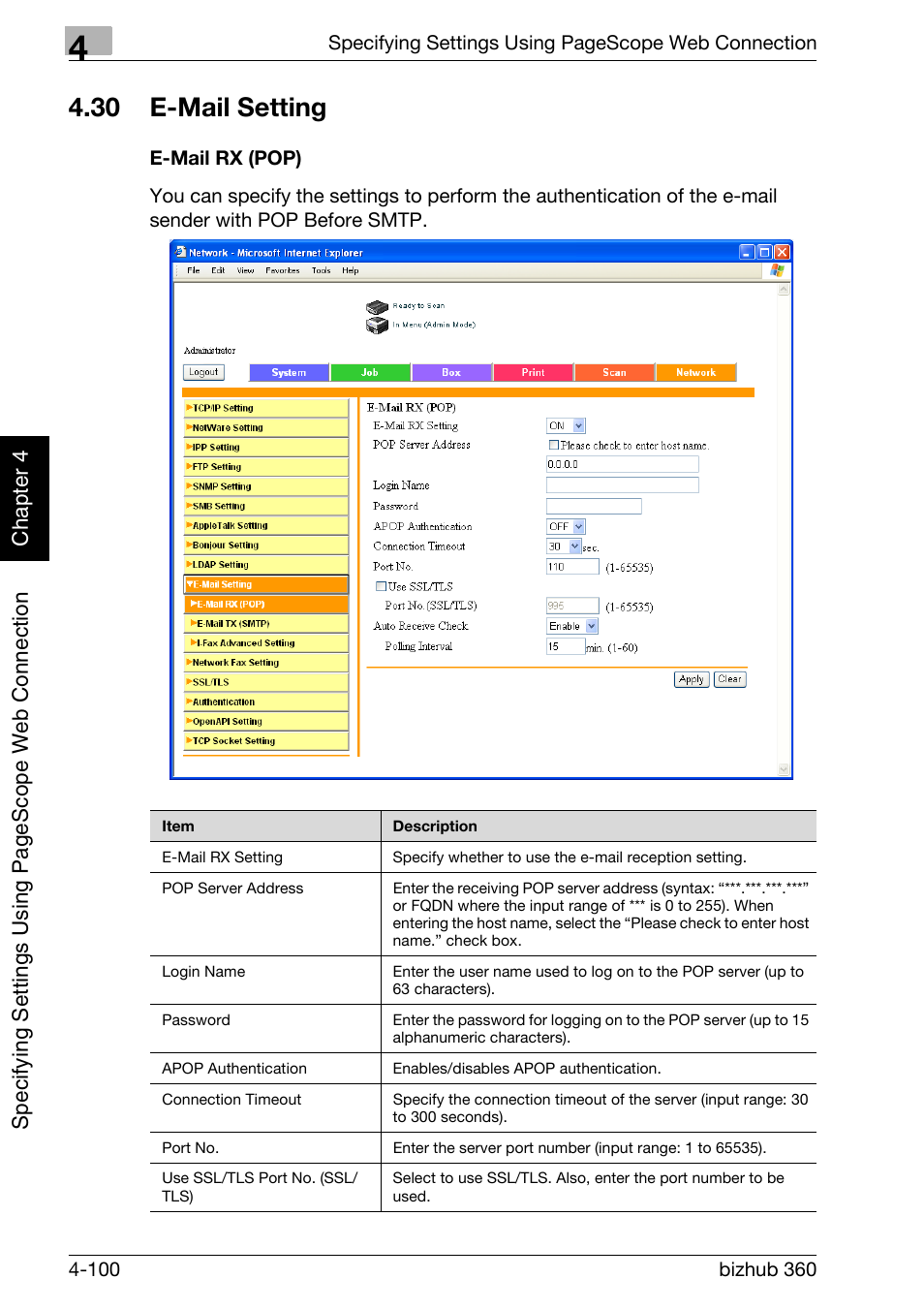 30 e-mail setting, E-mail setting -100, E-mail rx (pop) -100 | Konica Minolta bizhub 360 User Manual | Page 371 / 414