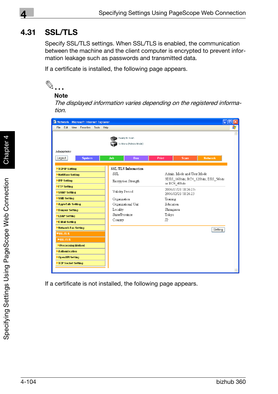 31 ssl/tls, Ssl/tls -104 | Konica Minolta bizhub 360 User Manual | Page 375 / 414