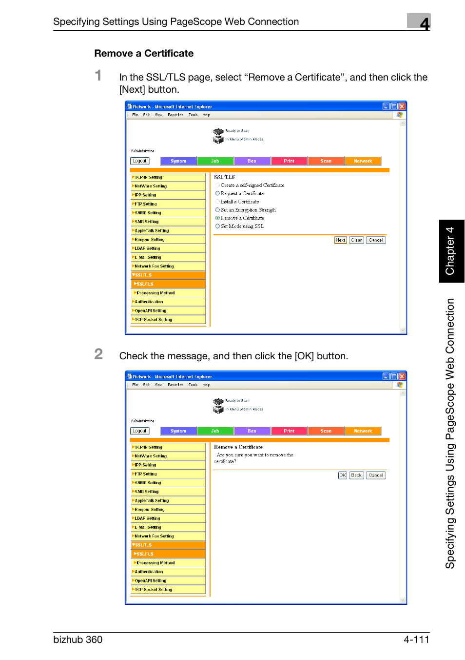 Remove a certificate -111 | Konica Minolta bizhub 360 User Manual | Page 382 / 414