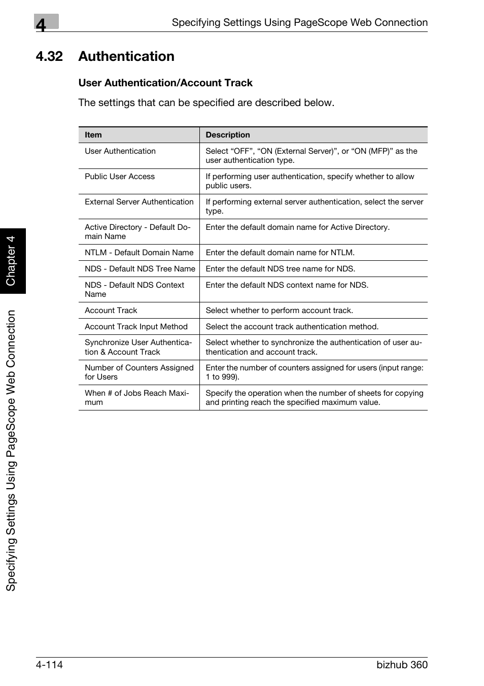 32 authentication, Authentication -114, User authentication/account track -114 | Konica Minolta bizhub 360 User Manual | Page 385 / 414