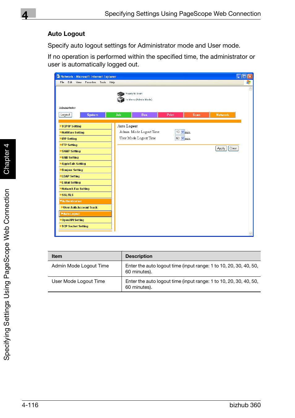 Auto logout -116 | Konica Minolta bizhub 360 User Manual | Page 387 / 414