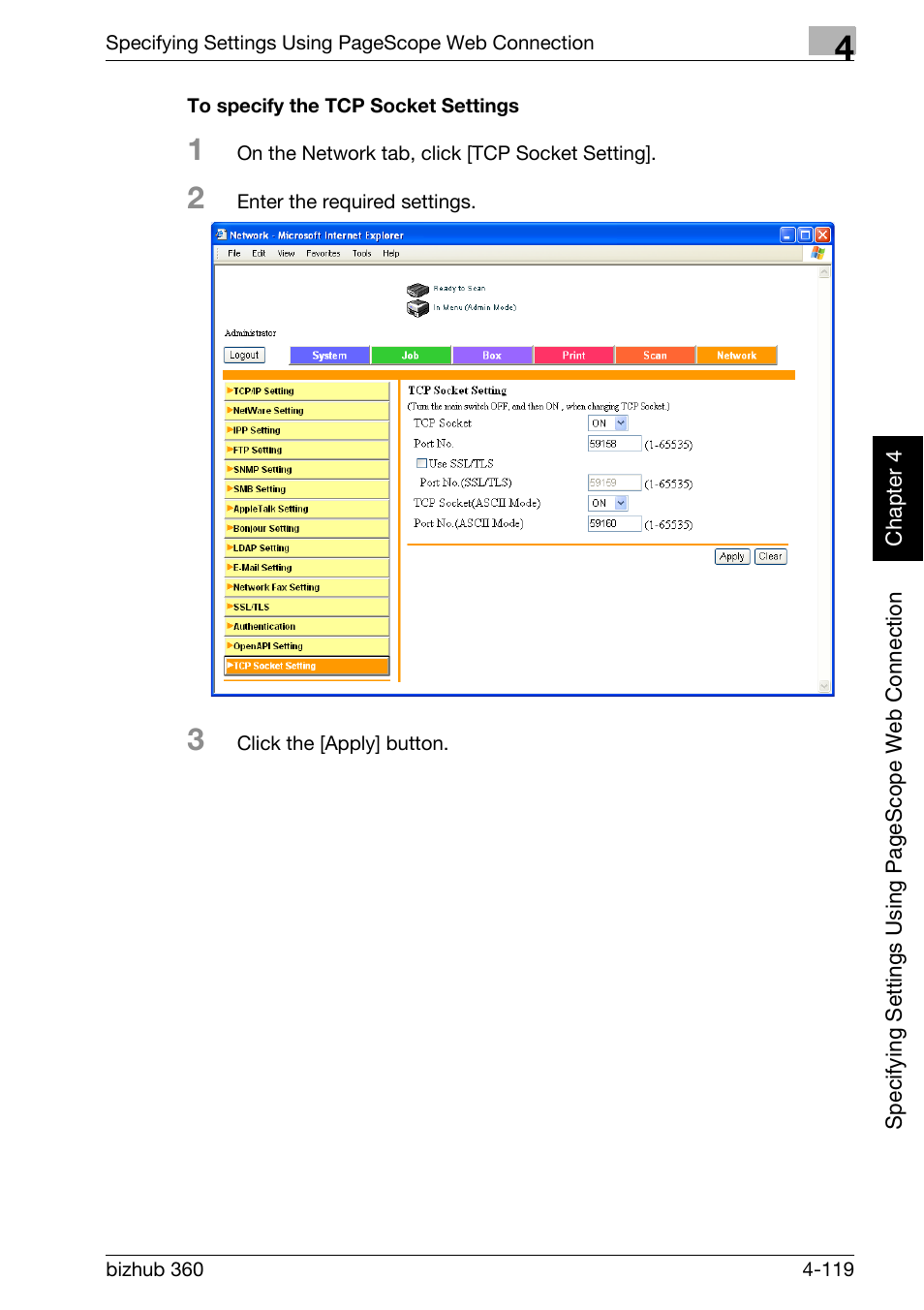 To specify the tcp socket settings -119 | Konica Minolta bizhub 360 User Manual | Page 390 / 414