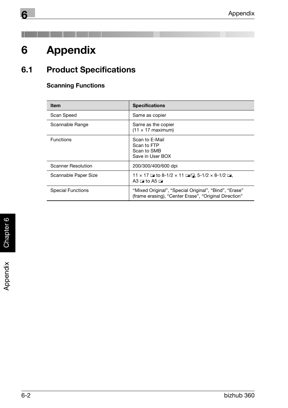 6 appendix, 1 product specifications, Appendix | Product specifications -2, Scanning functions -2, 6appendix | Konica Minolta bizhub 360 User Manual | Page 395 / 414