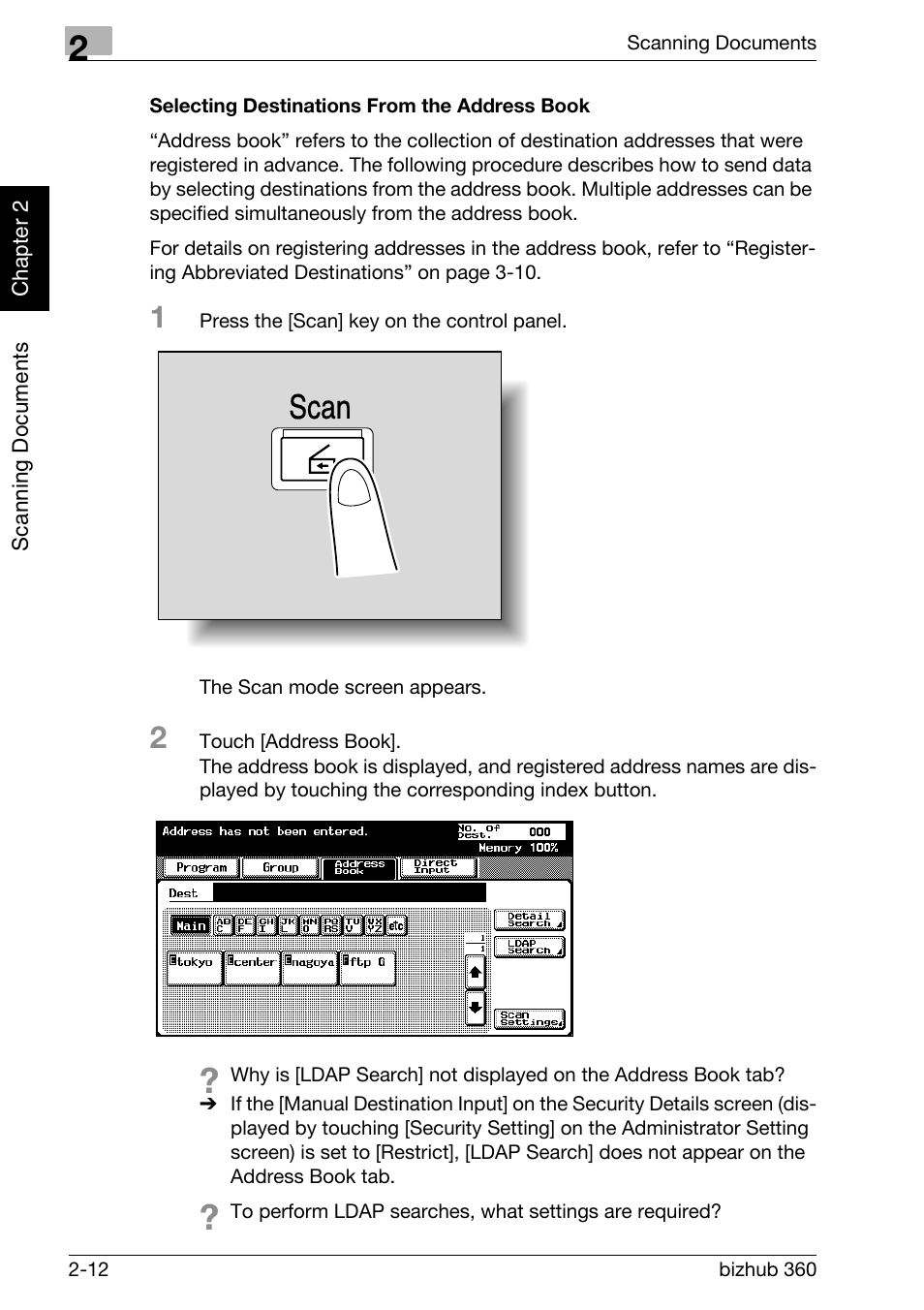 Selecting destinations from the address book -12, Scan | Konica Minolta bizhub 360 User Manual | Page 47 / 414