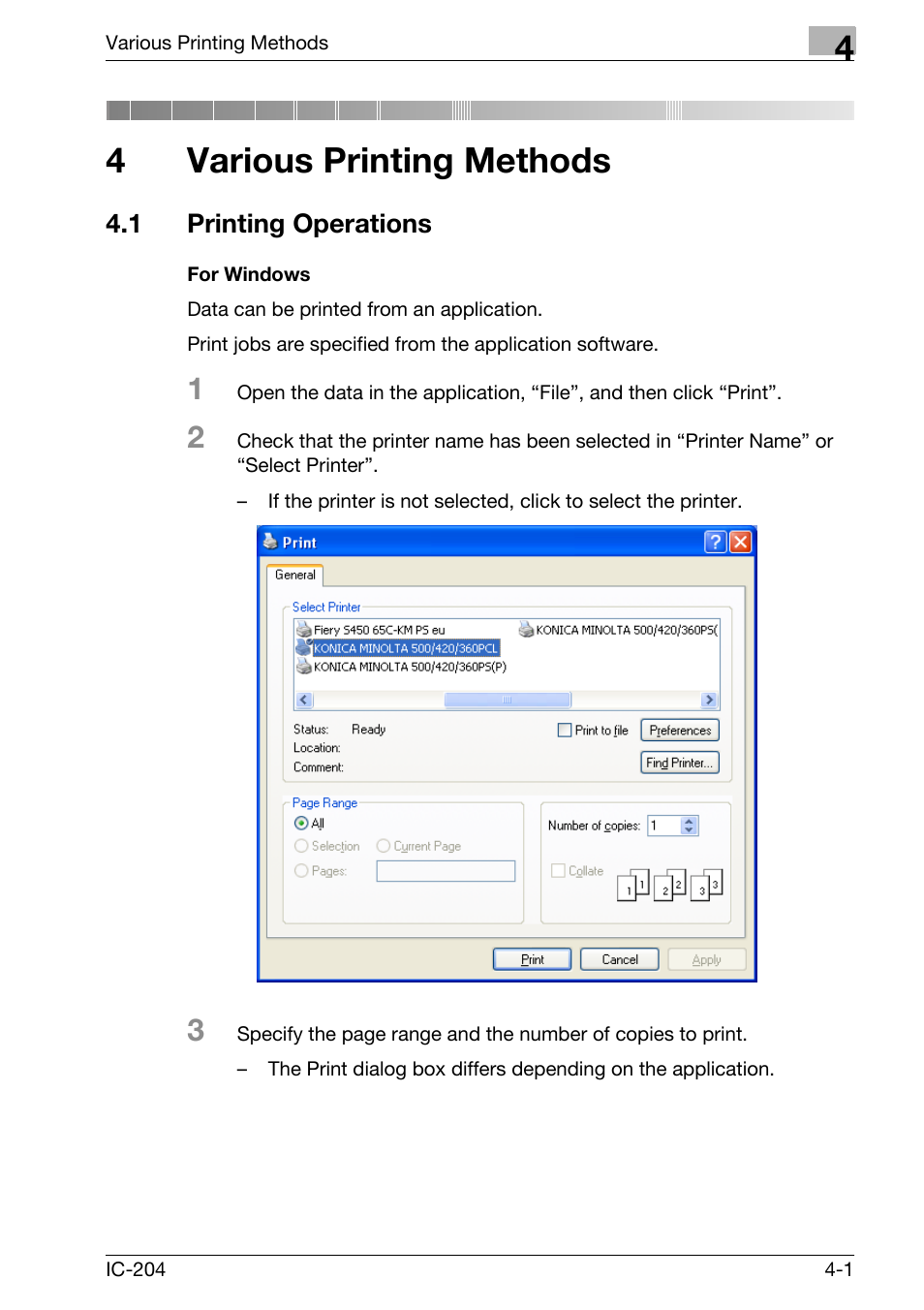 4 various printing methods, 1 printing operations, Various printing methods | Printing operations -1, For windows -1, 4various printing methods | Konica Minolta bizhub 420 User Manual | Page 103 / 401